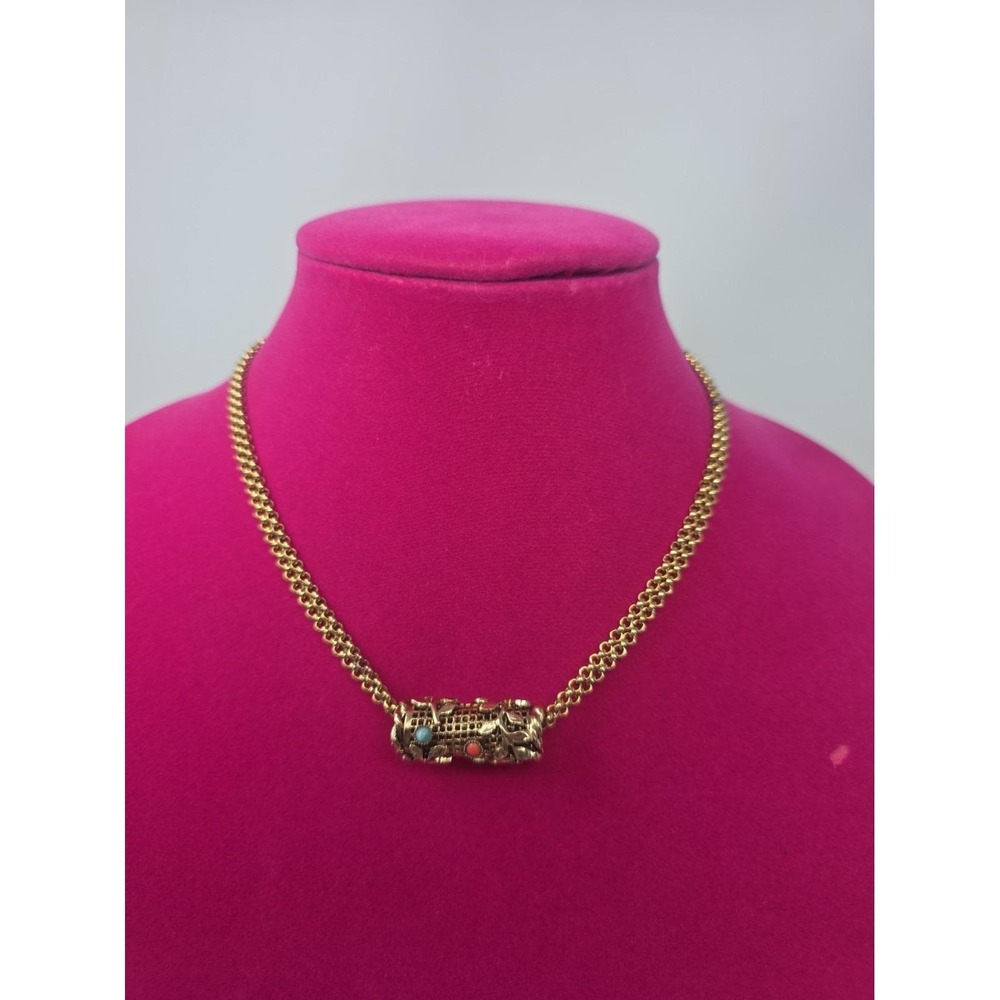 Vintage 1950s Sandor Co. Signed Gold-Tone Barrel Pendant & Cabochon Necklace